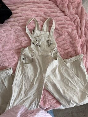 Cream Denim Overalls with Adjustable Straps - Relaxed Wide Leg